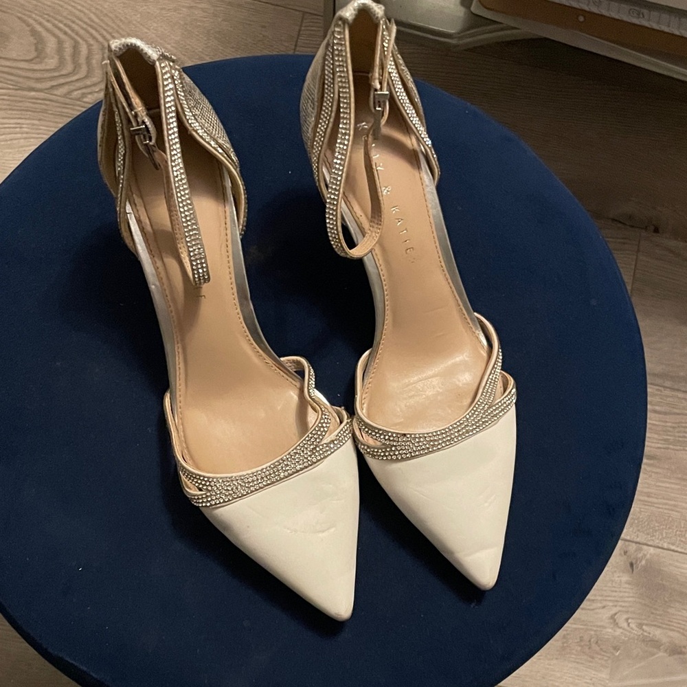 White Pointed Toe Ankle Strap Heels with Rhinestone Trim